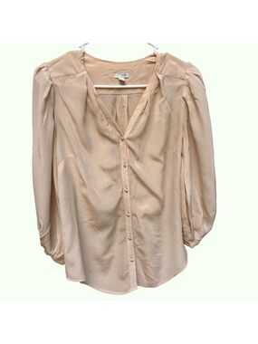 Odille Tan Gold Puff Sleeve Silk Blouse with Bib Collar Size 2